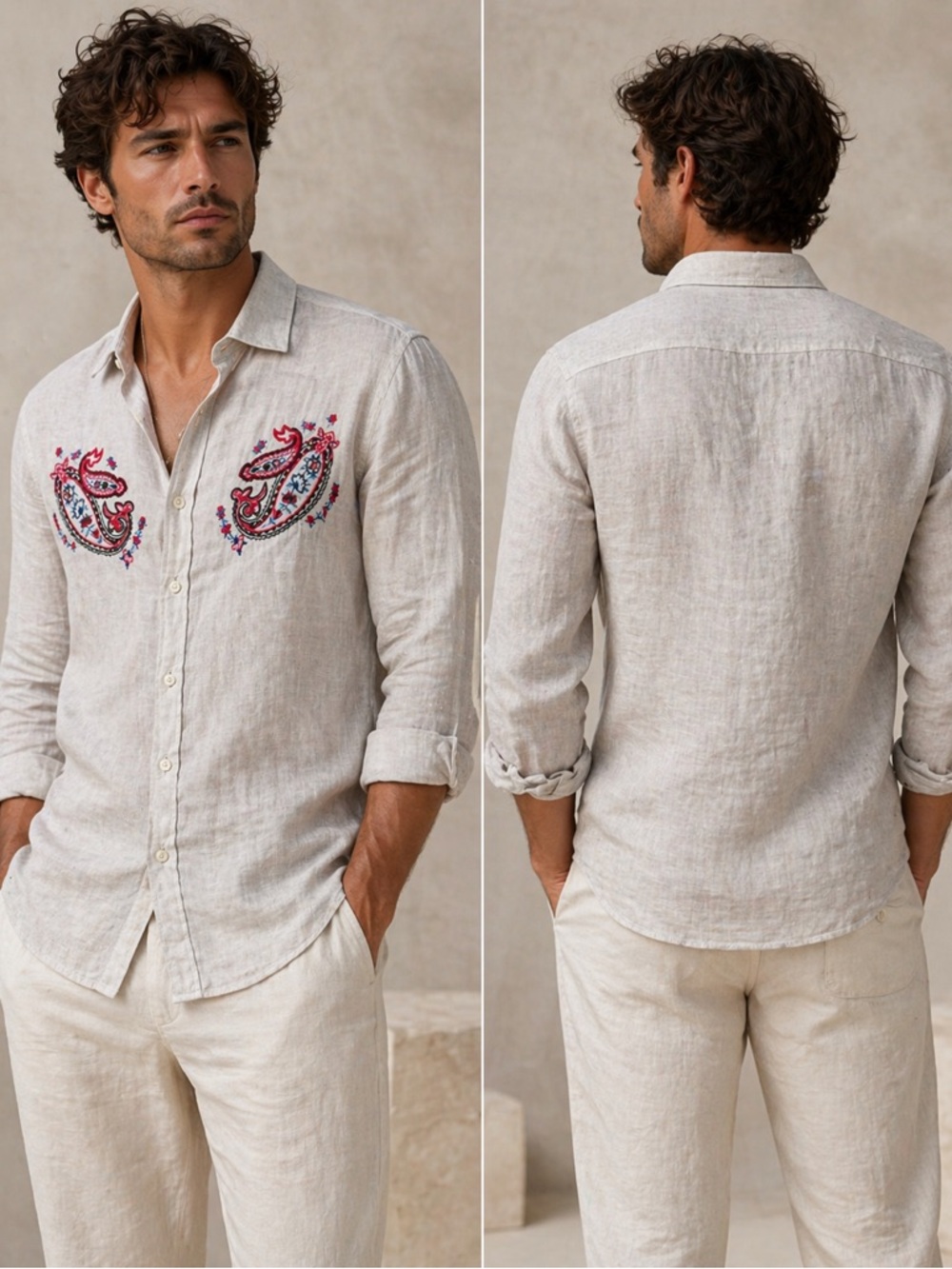 120% Lino 100% Linen Embroidered Paisley Button Up Shirt Slim Fit Size S NWT
